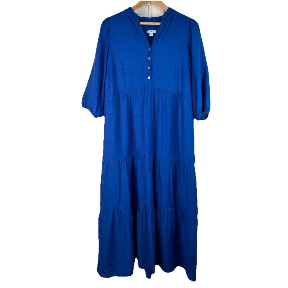 J. Jill Women's Petite PS Blue Tiered Puff Sleeve Prairie Maxi Dress